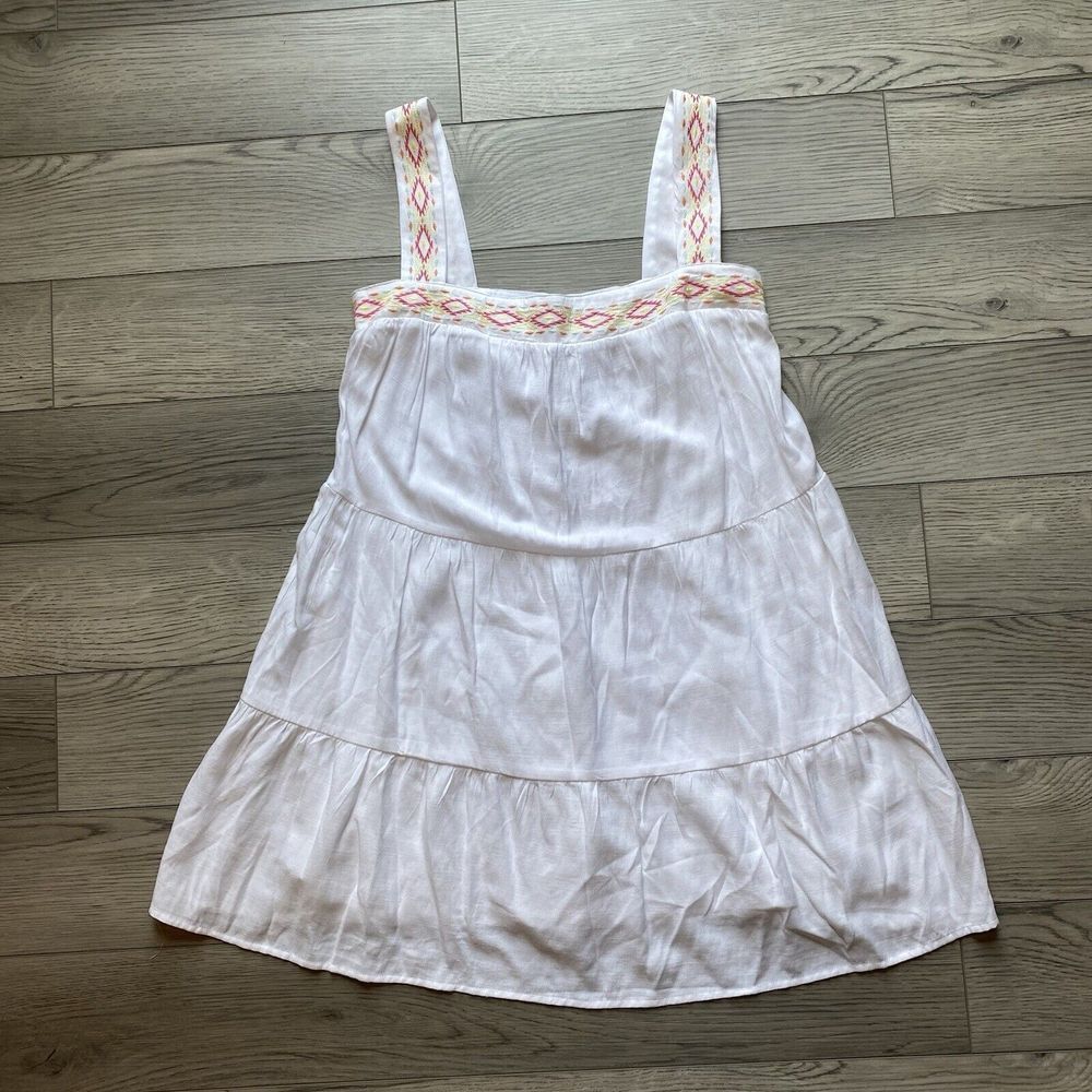 Blue Rain Tiered Mini Dress‎ White Diamond Embroidered Size Small Boho Beach NEW